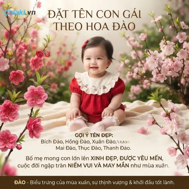 T&ecirc;n b&eacute; g&aacute;i theo hoa Đ&agrave;o mong uớc con xinh đẹp, nhiều niềm vui v&agrave; may mắn