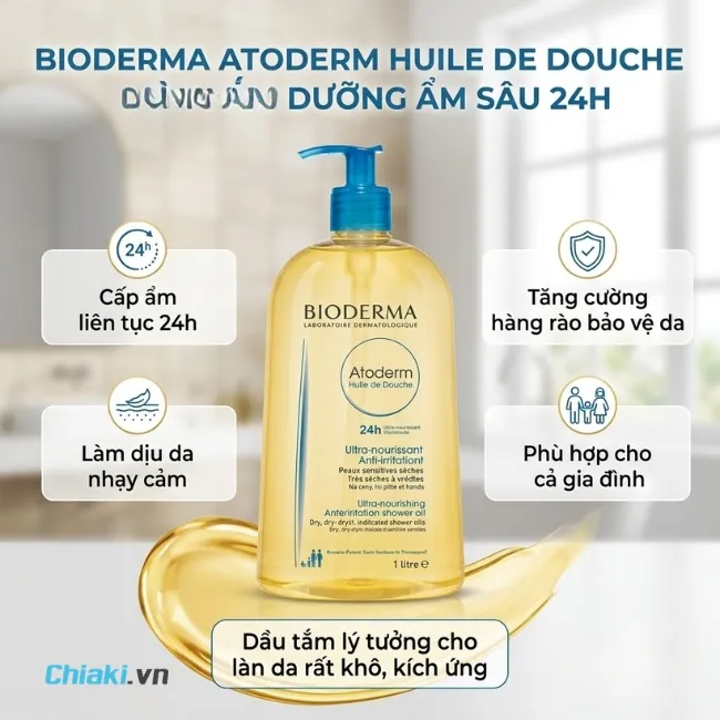 Dầu tắm cho da nhạy cảm Bioderma Atoderm Huile De Douche l&agrave;m dịu ngay lập tức cảm gi&aacute;c ngứa ng&aacute;y, căng r&aacute;t