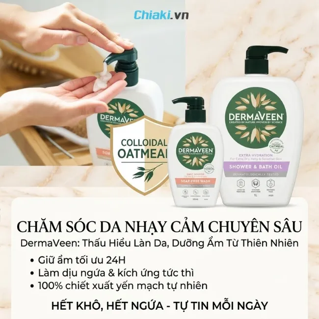 Dầu tắm dược mỹ phẩm DermaVeen Extra Hydration l&agrave;m sạch dịu nhẹ, đồng thời kh&oacute;a ẩm s&acirc;u, giảm ngay cảm gi&aacute;c ngứa ng&aacute;y