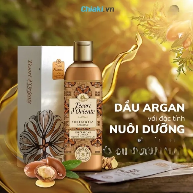 Dầu tắm nước hoa Tesori d'Oriente Argan & Cyperus Oils&nbsp;cung cấp độ ẩm v&agrave; lưu giữ hương thơm quyến rũ