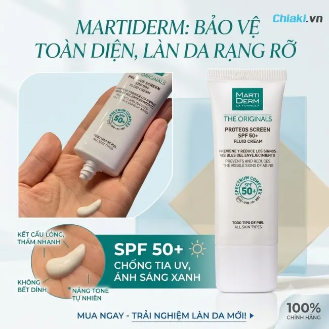 Kem chống &aacute;nh s&aacute;ng xanh MartiDerm The Originals Proteos Screen SPF50+ mỏng nhẹ, thấm nhanh, tạo hiệu ứng mịn l&igrave;