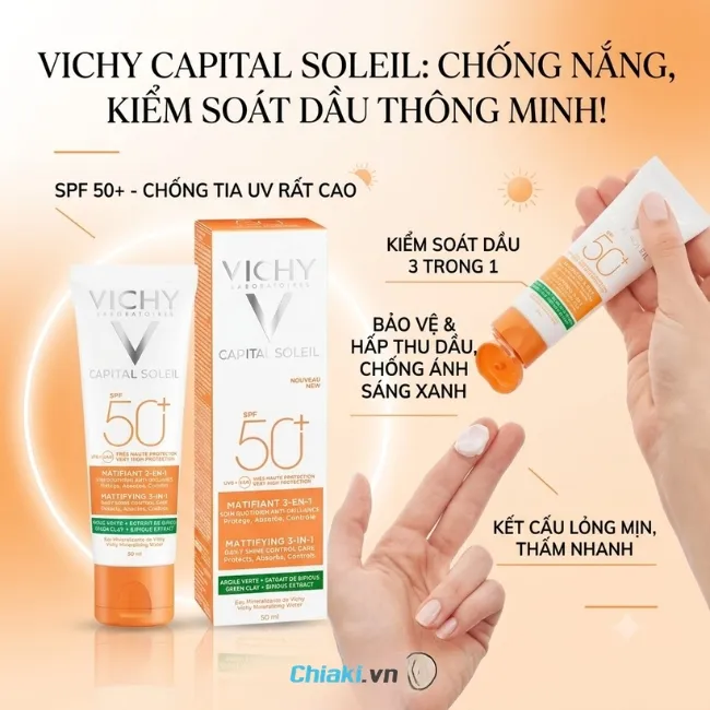 Kem chống nắng kiềm dầu Vichy Capital Soleil Mattifying bảo vệ da tối ưu trước cả tia UVA v&agrave; UVB