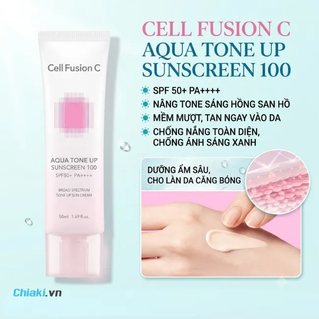Kem chống nắng n&acirc;ng tone Cell Fusion C Aqua Tone Up 100 Sunscreen kết hợp ho&agrave;n hảo giữa chống nắng, cấp ẩm v&agrave; n&acirc;ng tone