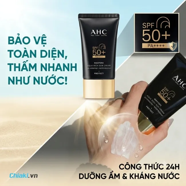 Kem chống nắng AHC Masters Aqua Rich Sun Cream cấp nước tức th&igrave; cho l&agrave;n da c&ocirc;ng sở hanh kh&ocirc;, ngăn chặn t&aacute;c hại của tia UV