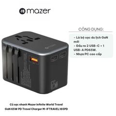 Củ Sạc Nhanh Mazer Infinite World Travel GaN 65W PD - Bộ Sạc Du Lịch Tương Thích 150 Quốc Gia, USB-C và USB-A