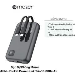 Sạc Dự Phòng Mazer SuperMINI-Pocket Power.Link Trio 10.000mAh - Pin Nhỏ Gọn Tích Hợp Cáp Lightning & USB-C, Sạc Nhanh 22W