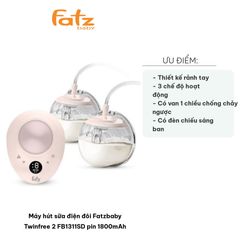 Máy Hút Sữa Điện Đôi Fatzbaby Twinfree 2 FB1311SD - Pin 1800mAh, 3 Chế Độ Hút Sữa, Rảnh Tay Tiện Lợi cho Mẹ Bỉm Sữa