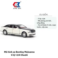 Mô hình xe Bentley Mulsanne tỉ lệ 1:24 Chezhi - Mô hình xe sang chảnh, mở cửa, đèn LED và âm thanh - Quà tặng hoàn hảo cho tín đồ xe hơi