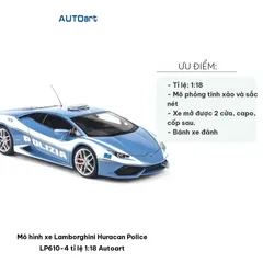 Mô hình xe Lamborghini Huracan Police LP610-4 tỉ lệ 1:18 - Mô hình xe đua cao cấp Autoart cho trang trí nội thất nhà cửa