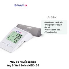 Máy Đo Huyết Áp Bắp Tay B.Well Swiss MED-55 - Công Nghệ 3-Check Chính Xác, Màn Hình LCD lớn, Bộ Nhớ 60 Kết Quả, Đo Nhịp Tim Tiện Lợi