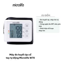 Máy Đo Huyết Áp Cổ Tay Tự Động Microlife W70 - Chính Xác Cao, Thiết Kế Gọn Nhẹ, Hỗ Trợ Nhịp Tim, Bộ Nhớ 99 Kết Quả