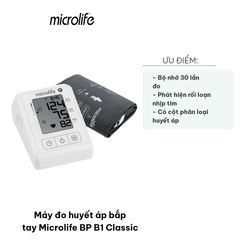 Máy đo huyết áp bắp tay Microlife BP B1 Classic - Màn hình lớn, bộ nhớ 30 lần đo, cảnh báo loạn nhịp tim, tiện lợi mang theo