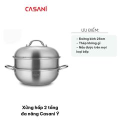 Xửng Hấp 2 Tầng Đa Năng Casani Ý 28cm - Thép Không Gỉ, Dẫn Nhiệt Nhanh, Dụng Cụ Nhà Bếp Chất Lượng Cao, Chế Biến Món Ăn Ngon