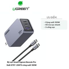 Bộ Sạc Nhanh Ugreen Nexode Pro GaN X757-25873 100W - Cắm Sạc 3 Cổng USB-C, USB-A, Công Nghệ Phân Phối Thông Minh