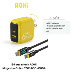 Bộ Sạc Nhanh AOHi Magcube GaN+ 67W AOC-C004 - Củ Sạc 2 Cổng USB-C và USB-A Gọn Nhẹ, Chất Lượng Cao, Tích Hợp Màn Hình LED