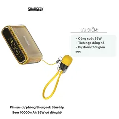 Pin sạc dự phòng Shargeek Starship Seer 10000mAh 35W có đồng hồ kỹ thuật số đa năng - Sạc nhanh, Dự đoán thời gian sạc, Thiết kế tiện lợi
