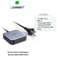 Bộ Sạc Nhanh 6 Cổng Ugreen Nexode GaN II 200W CD271 - Sạc Đồng Thời 6 Thiết Bị, Công Nghệ Bảo Vệ Tiên Tiến, Chất Liệu Cao Cấp