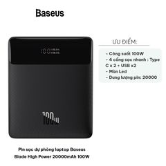 Pin Sạc Dự Phòng Laptop Baseus Blade 20000mAh 100W - Sạc Nhanh 4 Cổng Type-C & USB, Hiển Thị LED, Thiết Kế Mỏng Nhẹ