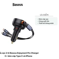 Tẩu Sạc Ô Tô Baseus Enjoyment Pro C+ 55W - Kèm Cáp Type C và Lightning, Hỗ Trợ Sạc Nhanh iPhone và Thiết Bị Di Động