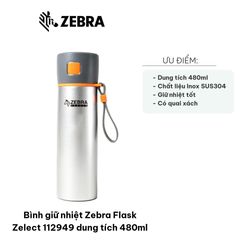 Bình Giữ Nhiệt Zebra Flask Zelect 112949 480ml - Thiết Kế Tinh Tế, Giữ Nóng 8 Giờ, Giữ Lạnh 12 Giờ, Phù Hợp Đi Học, Đi Làm, Đi Picnic