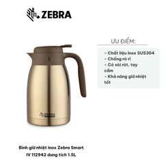 Bình Giữ Nhiệt Inox Zebra Smart IV 112942 1.5L - Kiểu Dáng Hiện Đại, Giữ Nhiệt Lên Đến 12 Giờ, Chất Liệu SUS304 An Toàn