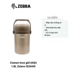 Hộp cơm giữ nhiệt Camen Inox 1.8L Zebra 152440 - Dung tích lớn, thiết kế hiện đại, giữ nóng/lạnh đến 12h, bao gồm 3 hộp nhỏ tiện lợi.