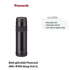 Bình giữ nhiệt Peacock AMJ-R100 1L - Thép không gỉ, Giữ nhiệt lâu, Dùng cho nước nóng/lạnh, Phụ kiện tiện ích cho mùa đông hè