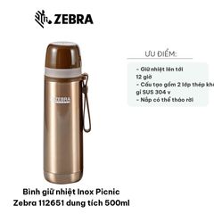 Bình Giữ Nhiệt Inox Picnic Zebra 112651 500ml - Chất Liệu Thép Không Gỉ, Giữ Nhiệt Tối Ưu 12 Giờ, Quai Xách Tiện Lợi