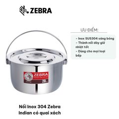 Nồi Inox 304 Zebra Indian 20cm/22cm Có Quai Xách - Nồi Nấu Bền Đẹp, Chất Liệu Cao Cấp, Tiện Lợi Cho Mọi Nhà Bếp
