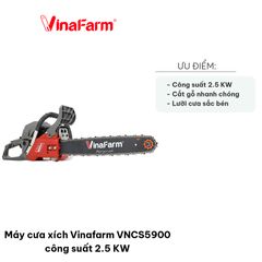 Máy Cưa Xích Vinafarm VNCS5900 - Công Suất 2.5 KW, Dung Tích 52 cc, Lam 20 inch, Thích Hợp Cho Làm Vườn Và Thợ Mộc