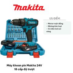 Máy Khoan Pin Makita 24V 18 Cấp Độ Trượt - Đèn LED, Mô Men Xoắn 40 N.m, Phù Hợp Khoan Tường, Bê Tông, Gỗ, Kim Loại