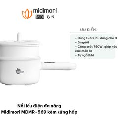 Nồi Lẩu Điện Đa Năng Midimori MDMR-569 Kèm Xửng Hấp, Dung Tích 2.6L, Chất Liệu Gốm Chịu Nhiệt 500°C, Thiết Kế Tiện Lợi Cho Gia Đình 3-5 Người
