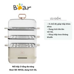 Nồi Hấp 3 Tầng Đa Năng Bear SB-NH12L 12L - Chế Độ Hấp Hải Sản, Thịt, Bánh Bao, Giữ Nhiệt Tự Động, Dễ Dàng Sử Dụng