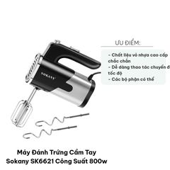 Máy Đánh Trứng Cầm Tay Sokany SK6621 - Công Suất 800W, 5 Tốc Độ, Phù Hợp Làm Bánh và Kem Tích Hợp Đầu Trộn, Dễ Dàng Sử Dụng