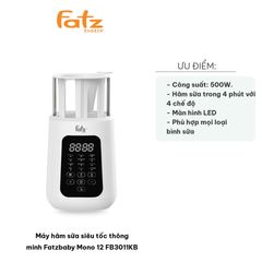 Máy hâm sữa siêu tốc thông minh Fatzbaby Mono 12 FB3011KB - Hâm nóng sữa nhanh chóng trong 4 phút với 4 chế độ tiện dụng
