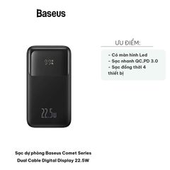 Sạc Dự Phòng Baseus Comet Series 22.5W - Dual Cable Type C & Lightning, Màn Hình LED, Sạc Nhanh QC 3.0, Kẹp Tiện Dụng