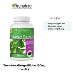 (Xách tay) Viên Uống Ginkgo Biloba 120mg Trunature Mỹ - Hỗ Trợ Bổ Não, bổ sung Trí Nhớ, Giảm Căng Thẳng - 340 Viên