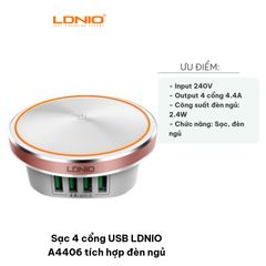 Sạc 4 cổng USB LDNIO A4406 với đèn ngủ, bộ sạc đa năng tiện lợi, dễ sử dụng và an toàn cho trẻ em, 4.4A, thiết kế gọn nhẹ