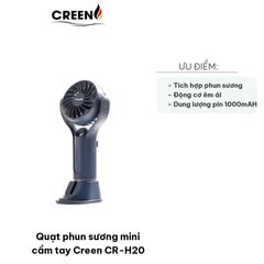 Quạt phun sương mini cầm tay Creen CR-H20 - Quạt tích điện nhỏ gọn, 3 cấp độ gió, phun sương mát hiệu quả cho mùa hè nóng bức