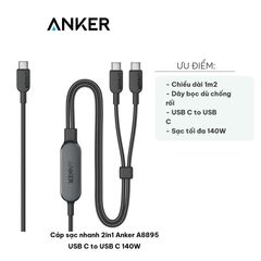 Cáp Sạc Nhanh 2in1 Anker A8895 USB C to USB C 140W - Dài 1.2m, Chống Rối, Sạc Đa Thiết Bị, Phù Hợp Cho Chuyến Đi Xa