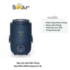 Hộp Cơm Cắm Điện Bear DFH-B15X3 3 Khay Inox Dung Tích 1.5L - Hâm Nóng Nhanh, Tháo Rời Tiện Lợi, Bảo Quản Thực Phẩm An Toàn