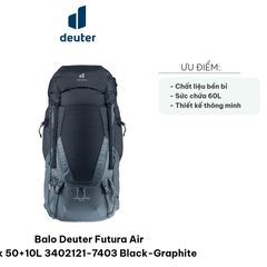 Balo Deuter Futura Air Trek 50+10L Đen-Đồ Chơi Du Lịch Tiện Ích Cho Leo Núi Và Đi Bộ Đường Dài