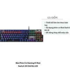 Bàn Phím Cơ Gaming K1 Red Switch LED RGB 20 Chế Độ, Gõ Phím Nhạy Bén, Thiết Kế Ergonomic, Phụ Kiện Máy Tính Chất Lượng Cao
