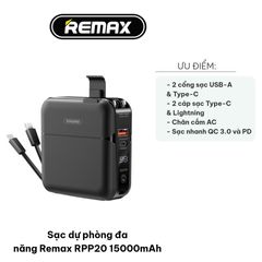 Sạc Dự Phòng Remax RPP20 15000mAh - Sạc Nhanh QC3.0 & PD3.0 Cho 4 Thiết Bị, Nhỏ Gọn, Tiện Lợi, Đèn LED Thông Báo Pin