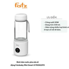 Bình Hâm Nước Pha Sữa Di Động Fatzbaby Mini Smart 8 FB3822FD - Thủy Tinh 330ml, Pin Sạc 4500mAh, Hiển Thị Nhiệt Độ Thời Gian Thực
