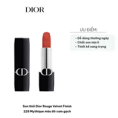 Son thỏi Dior Rouge Velvet Finish 228 Mythique màu đỏ cam gạch - Son môi mịn nhung, bám màu lâu, phù hợp với mọi tông da