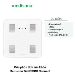 Cân phân tích sức khỏe Medisana 7in1 BS310 Connect - Cân thông minh đo mỡ, cơ, BMI, BMR, ứng dụng VitaDock+ - Đọc dễ dàng với màn hình LCD lớn