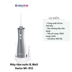 Máy Tăm Nước B.Well Swiss WI-912 - Cầm Tay Tiện Dụng, Chăm Sóc Răng Miệng, 3 Chế Độ Phun, Sạc Không Dây, Giúp Răng Trắng Sáng