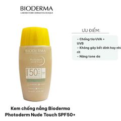 Kem Chống Nắng Bioderma Photoderm Nude Touch SPF50+ - Bảo Vệ Da Nhạy Cảm, Kiềm Dầu, Che Khuyết Điểm, Dung Tích 40ml