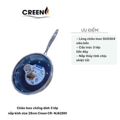 Chảo Inox Chống Dính 3 Lớp Nắp Kính 28cm Creen CR-NJA28IH - Siêu Bền, Thiết Kế Sang Trọng, Phù Hợp Với Mọi Bếp
